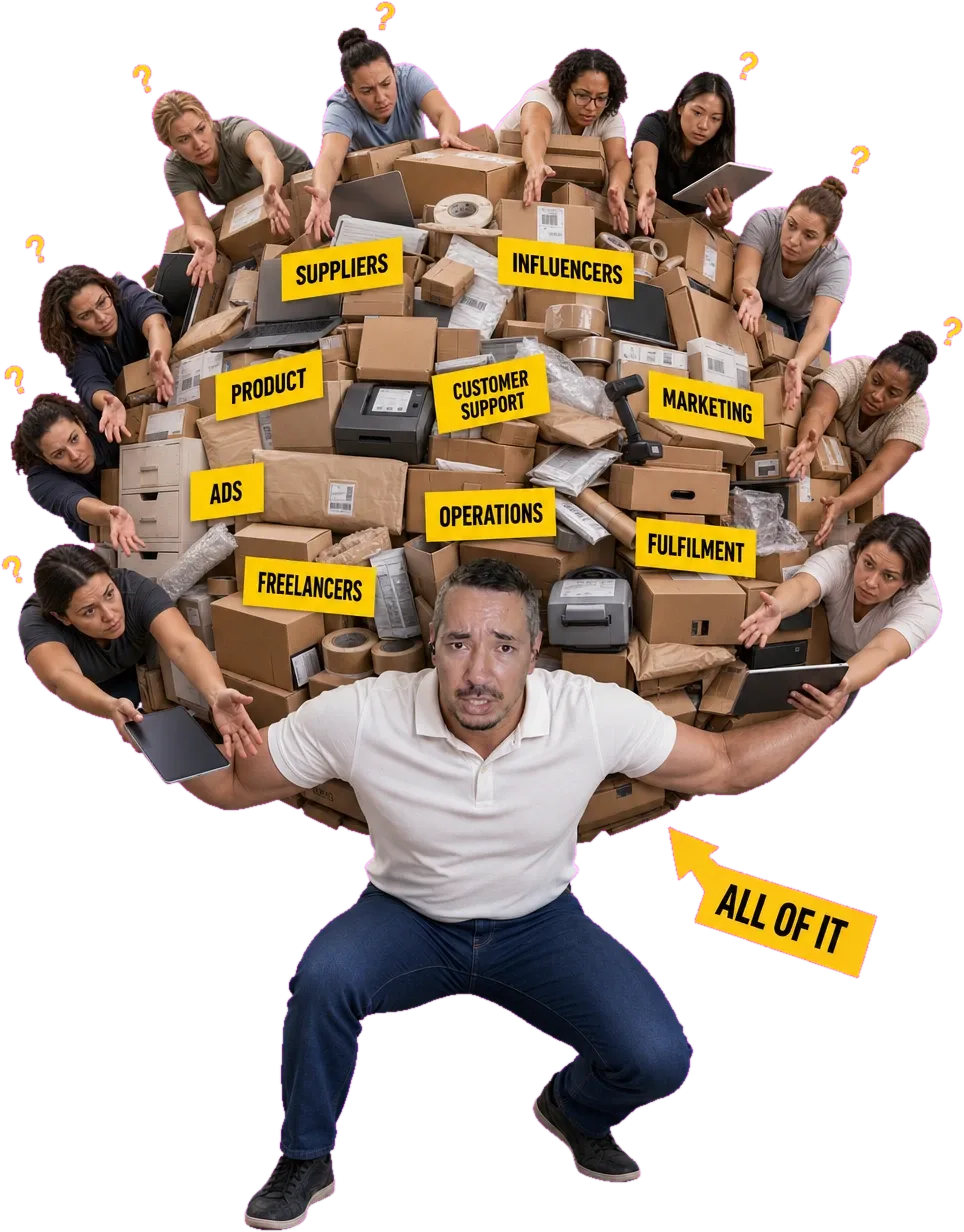 A founder squatting under a globe built from filing cabinets labelled Sales, Hiring, Finance, Support, Delivery, Marketing and Operations, with staff on every side holding out paperwork, and an arrow reading ALL OF IT