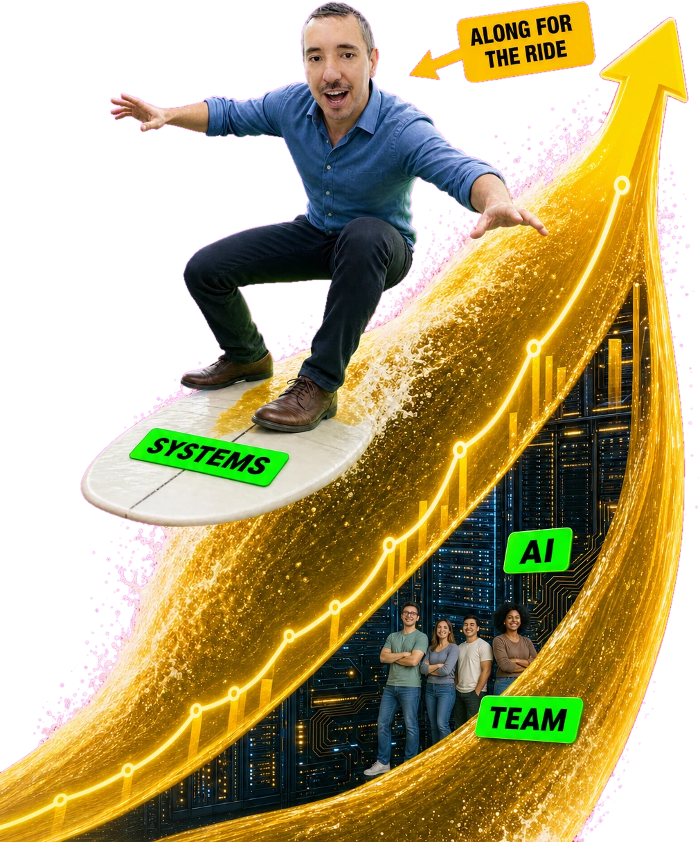 Janez surfing a rising green wave on a board labelled SYSTEMS, with AI machinery and a smiling team inside the wave, beside an arrow reading ALONG FOR THE RIDE
