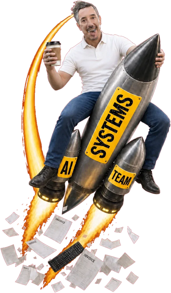 Janez riding a rocket labelled SYSTEMS, with AI and TEAM boosters, leaving invoices and a keyboard behind