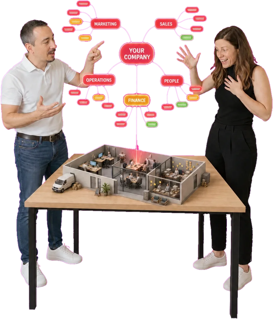 Janez and a client at a standing table, laughing over a miniature cutaway office as a glowing red company mind map — Your Company, branching into Marketing, Sales, Operations, People and Finance — floats above it
